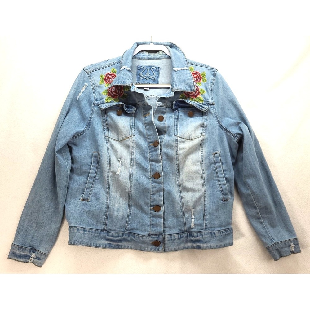 Odyn Rose Embroidered‎ Blue Denim Distressed Jacket Boho Hippie XL